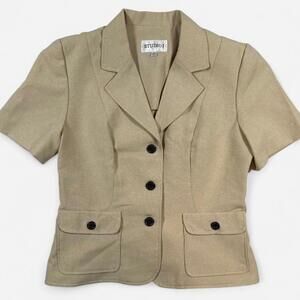 Studio I Short Sleeve Blazer Women 8 Beige Vintage 90s Minimalist Summer Office